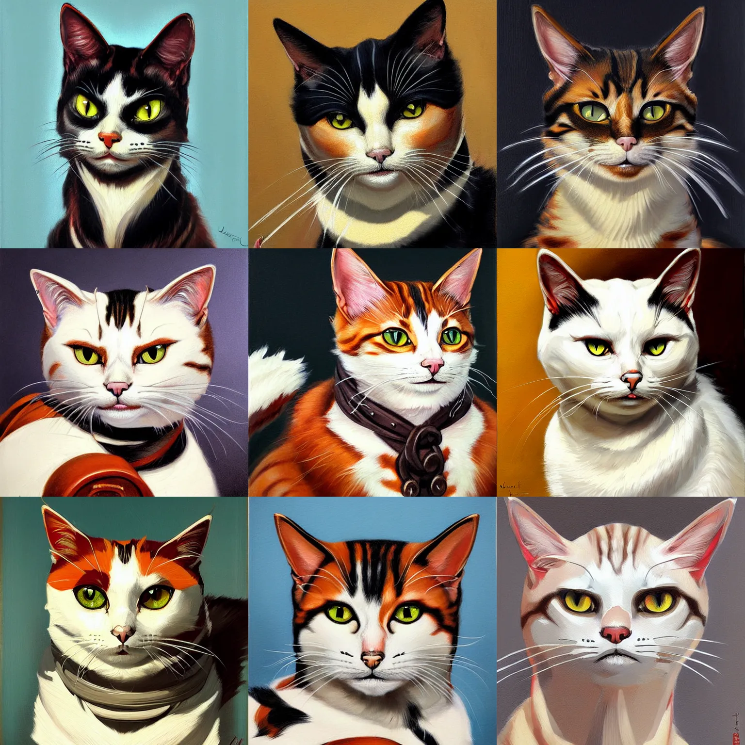 Prompt: realistic portrait painting of cunning ( okami style ) cat, plain white background, no people, art by jc leyendecker, phil hale, angular, brush strokes, painterly, crisp, portrait of a cat, cat portrait painting