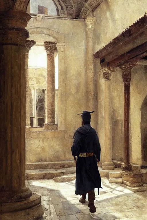 Image similar to an ancient byzantine palace guard walking through the byzantine courtyard by anders zorn, wonderful, masterpiece by greg rutkowski, beautiful cinematic light, by greg manchess, jessica rossier