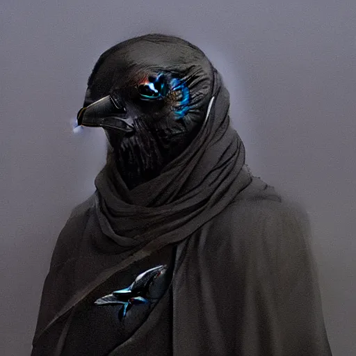 Image similar to self portrait of a raven nobleman main character. Full body with cloak and body armor, digital art, realistic, ultradetailed, concept art in the style of r/retrofuturism, art by Beksinski and Dariusz Zawadski, trending on artstation, devianart, cgsociety