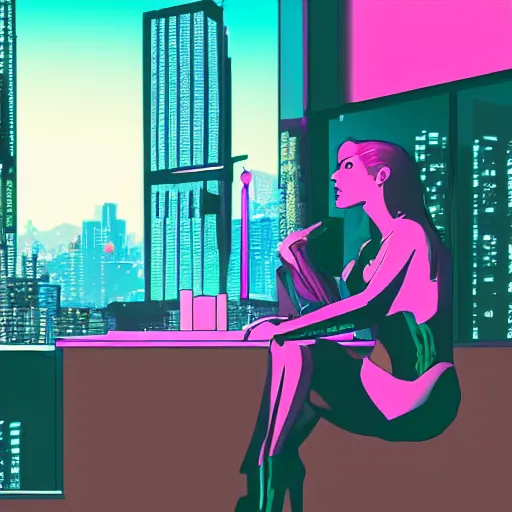 Image similar to synthwave cluttered living room wide shot cyberpunk high tech, cool girl sitting at table, through the window is a cityscape, dramatic lighting, music by vangelis