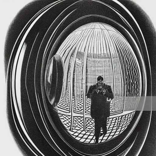 Prompt: self portrait of an AI staring into a metal sphere mirror by MC Escher, lithograph