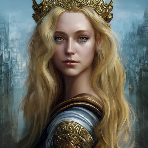 Image similar to a french lady with blonde hair and a beautiful face in a fantasy versailles, symmetric face, hyperrealism, epic fantasy digital art, fantasy style art, by Greg Rutkowski, fantasy magic the gathering card art style