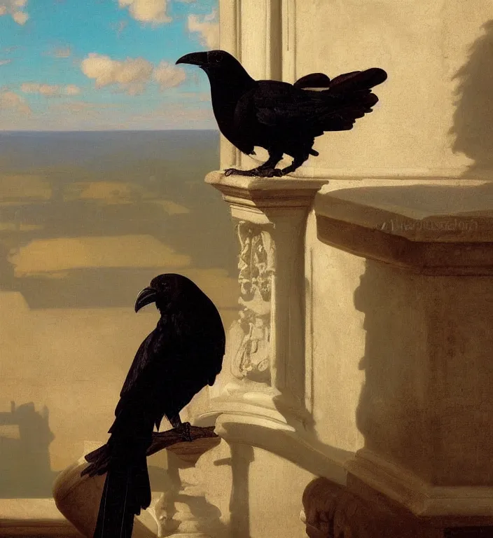 Prompt: a beautifully photoreal clear detailed victorian portrait of a close up raven on a victorian windowsill with an ornate velvet dark teal curtain at beautiful sunset daytime nature sunlit painting by frederic leighton and turner and rosetti and morris, 8 k, octane render