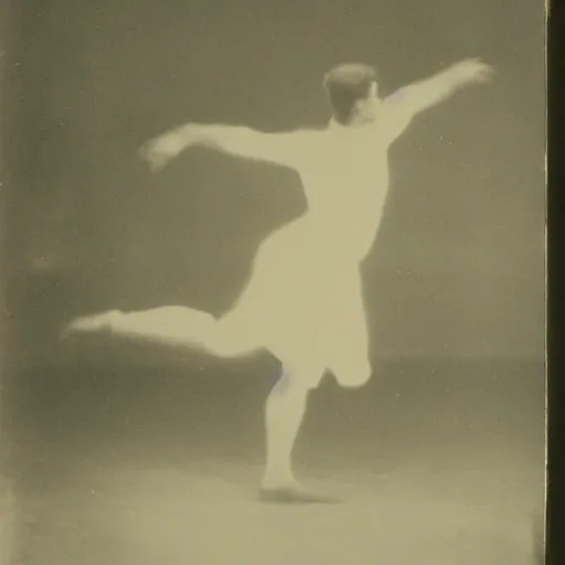 Image similar to a smudged, grainy and blurry photograph showing the whole body of a man dynamically and frenetically dancing in a dark room, edwardian photograph, taken with soviet flash camera at slow shutter speed