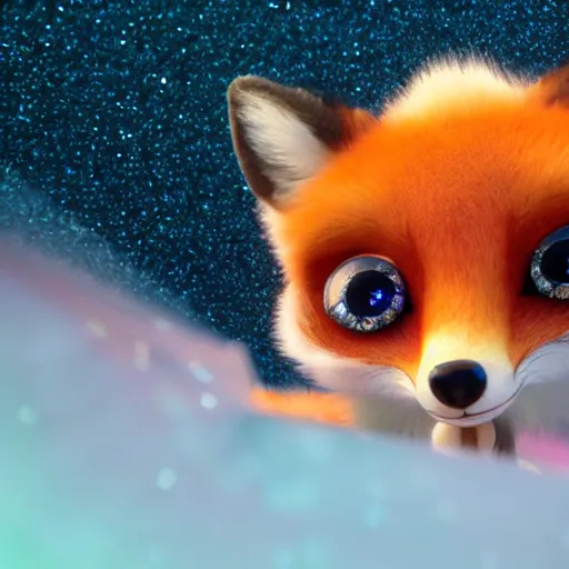 Prompt: baby gem fox, fox, big eyes, crystalized scales, white fur with gems, pastel colours, shiny glitter / crystals, pixar animation style, detailed, soft light, octane render, 4 k,