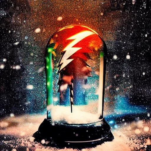 Prompt: a snow globe with a lightning storm inside. Atmospheric photography. Rich colors, dramatic lighting