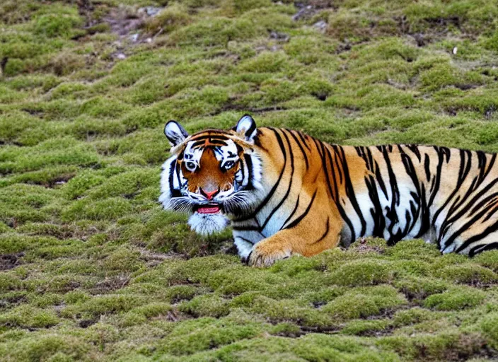 Prompt: a wounded tiger in the centella asiatica