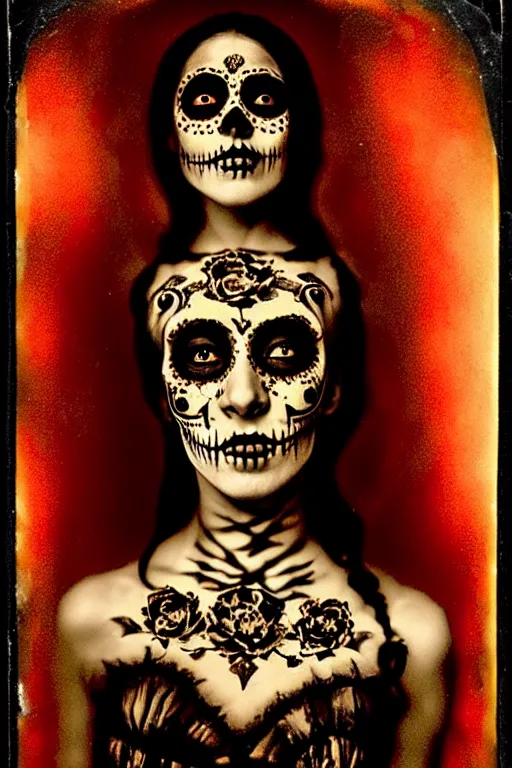 Image similar to calotype, tintype, virgin mary in dia de muertos dress and make up, horrific beautiful vibe, evocative, atmospheric lighting, painted, intricate, highly detailed, leesha hannigan, wayne haag, reyna rochin, ignacio fernandez rios, mark ryden, iris van herpen, stunning, gorgeous, sharp focus, cinematic, masterpiece