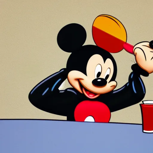 Prompt: black t-shirt, mickey mouse drinking a cocktail on the beach, a design masterpiece highly detailed, superrealism 8k resolution