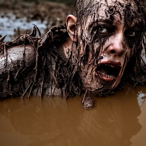 Image similar to 8 k photo of a horror villain stuck in mud, he is sad that his dark clothes are muddy.