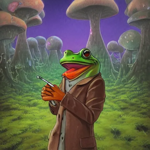 Image similar to A centered chest up portrait of a psychedelic godlike anthropomorphic frog smoking a hand-rolled cigarette smoking heavily , magic mushroom village in background . award winning. superb resolution. in the art style of junji Ito and greg rutkowski . Detailed Mushroom city in background. Hyper realistic anime. Perfect art. Dalle2