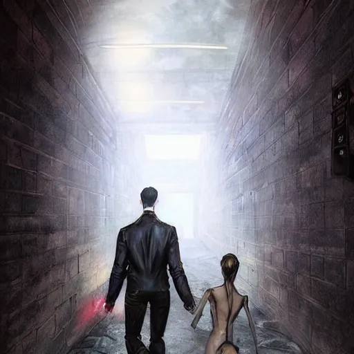 Prompt: a schoolboy and intimidating by a succubus in a leather suit leaning on a cracked brick wall, devil wings, long hallway, seductive, light at the end of the tunnel, volumetric lighting, concept art, detailed, dramatic lighting, by artgerm