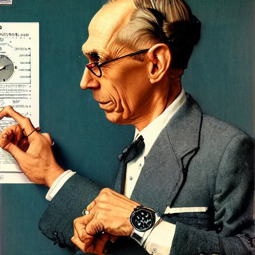 Prompt: A Pround doctor looking at his new watch, artwork by Norman Rockwell, cinematic view, high quality