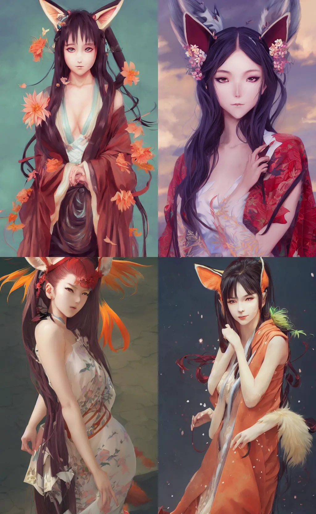 Prompt: A beautiful realistic anime digital painting of a beautiful young woman with fox ears and nine tails wearing a kimono, by Stanley Artgerm Lau, WLOP, Rossdraws, James Jean, Andrei Riabovitchev, Marc Simonetti, and Sakimichan, tranding on artstation, SFW version