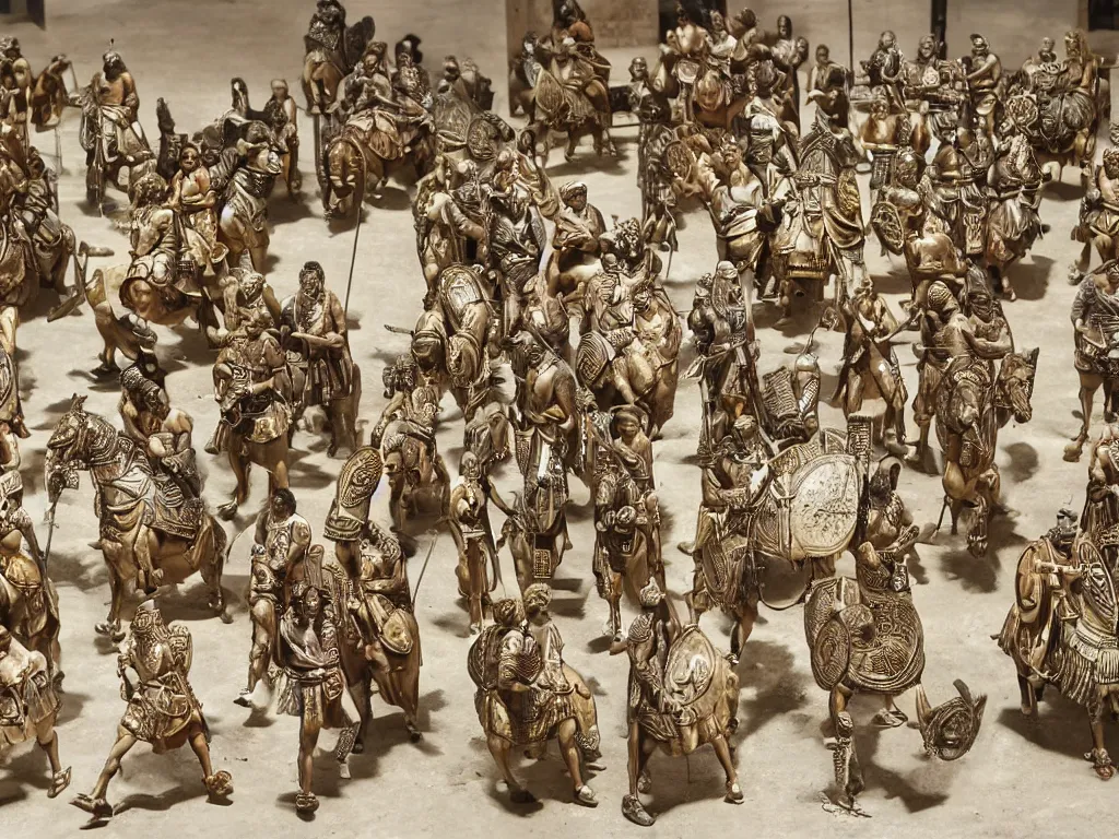 Image similar to Roman legions of Caesar parading in Rome, in the style of Jérôme Bosch, intricate details