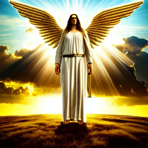 Image similar to gigantic biblical depiction of an angel towering over a vast landscape, cinematic, realistic, geometric white marble body, photorealistic, detailed, gold sky, global illumination, volumetric lighting, god rays, beautiful composition, majestic clouds, soft colors, heavenly lighting