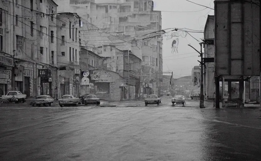 Image similar to 70s movie still of a soviet street from Sarajevo with cars and pedestrian , Cinestill 800t 18mm black and white, heavy grainy picture, very detailed, high quality, 4k panoramic, cinematic, neon billboards at night, rain, mud