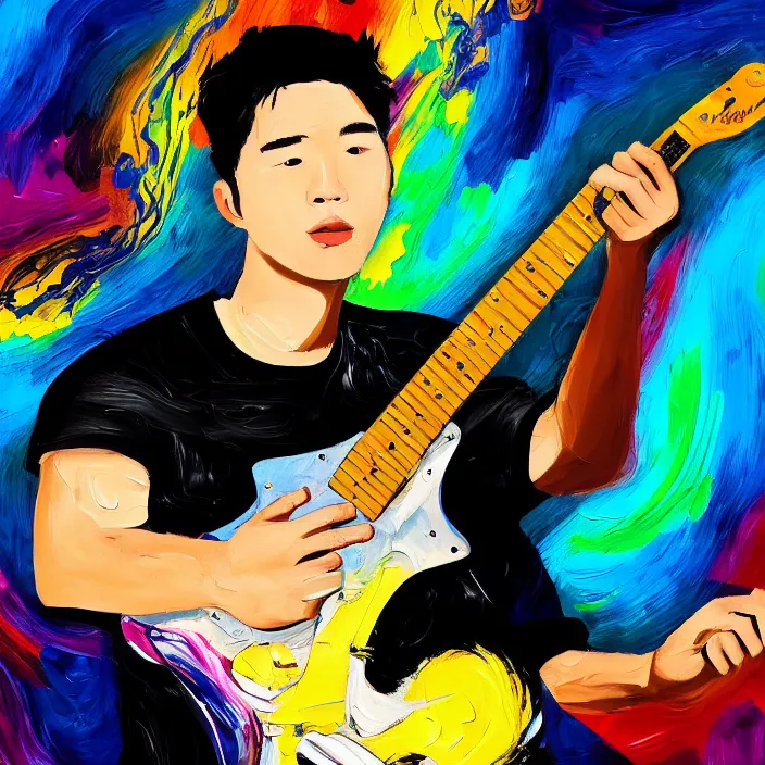 Image similar to abstract swirly brush strokes painting of a young korean man wearing black t shirt holding a telecaster!!! electric guitar!!, dark background, huge thick flowing dramatic brush strokes, matte colors, abstract, emotional masterpiece, impressionist, trending on artstation