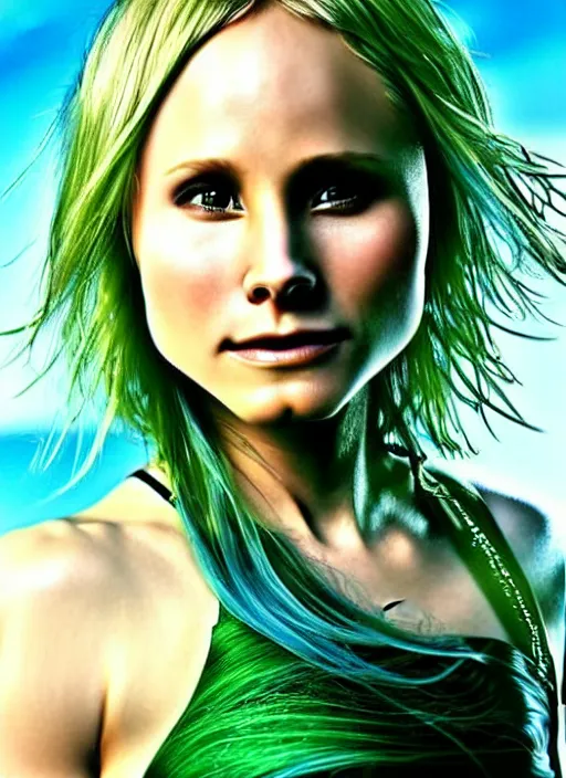 Image similar to yoji shinkawa beautiful kristen bell with green dress, very long blue hair, water powers water swirling, symmetrical face, symmetrical eyes, detailed, beach setting, cinematic lighting