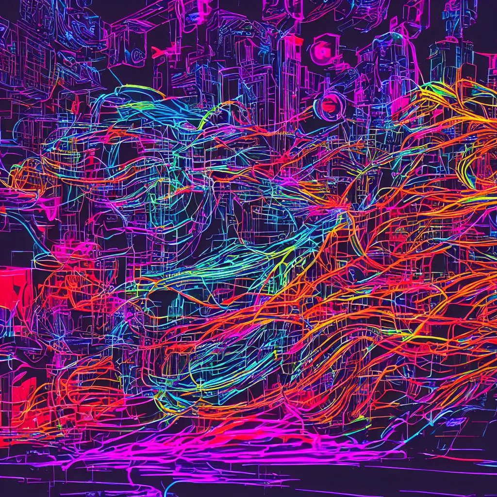 Prompt: mess of colorful cables, graphic art, cinematic lightning, neon lights