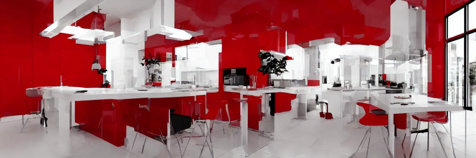 Prompt: photo of a black kitchen, red walls, white floortiles, architecture, concept art