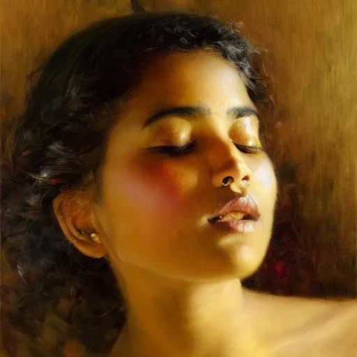 Image similar to detailed portrait of sri lankan girl, girl graceful, eyes closed, painting by gaston bussiere, craig mullins, j. c. leyendecker