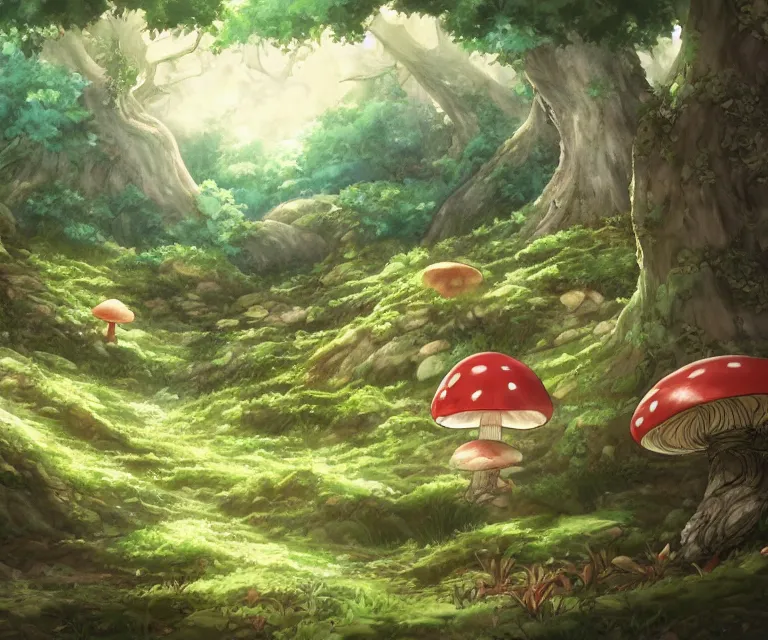 Image similar to mushroom in a forest, anime fantasy illustration by tomoyuki yamasaki, kyoto studio, madhouse, ufotable, comixwave films, trending on artstation