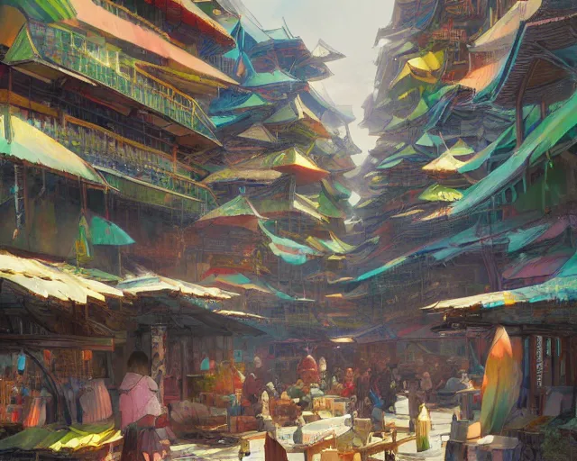 Prompt: colorful marketplace in a great, brutalist kitsune city, bamboo, anime, a fantasy digital painting by greg rutkowski and james gurney, trending on artstation, highly detailed