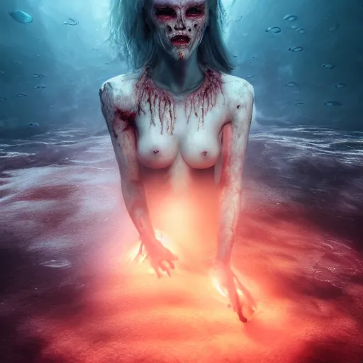 Image similar to beautiful, terrifying, demonic, full body female, with the body of a goddess, a beautiful porcelain face, with parasitic tentacles crawling up her, in a underwater horror scene, photo realistic, dramatic cinematic lighting, octane render, 4k, ultra detailed,