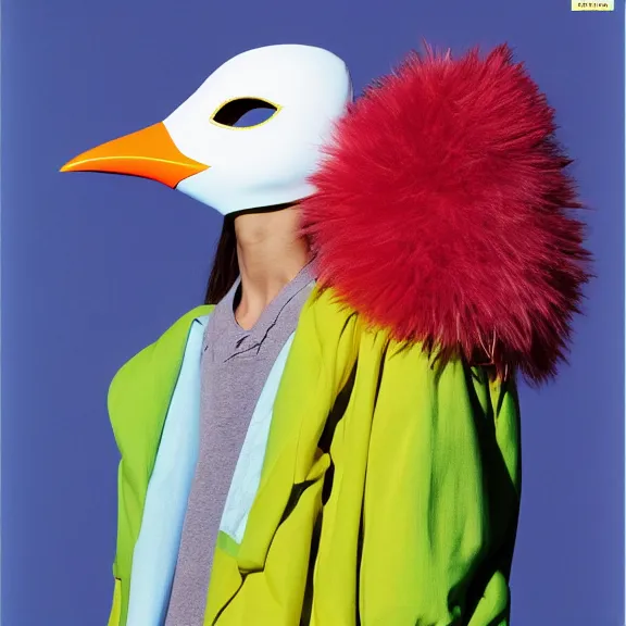 Image similar to model in plastic bird mask wearing baggy colorful 9 0 s jacket by rick owens. magazine ad. pastel brutalist background.