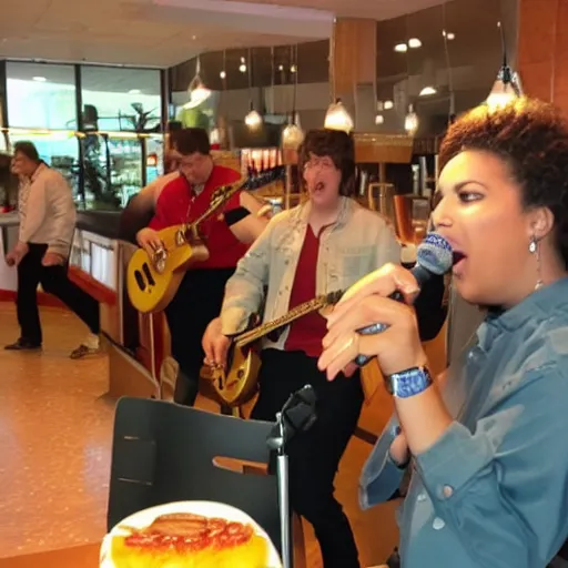 Prompt: Shata singing in a McDonald's