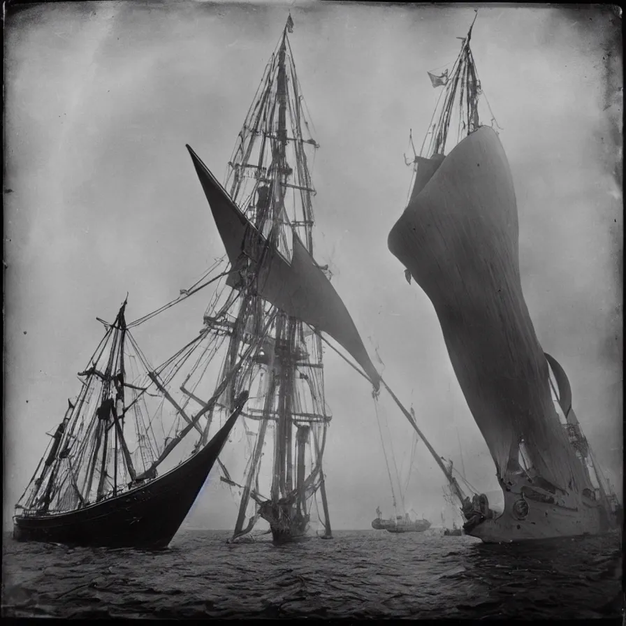 Prompt: the bluenose schooner is being attacked by a giant squid. wet plate photography