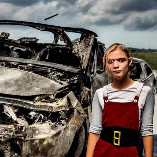 Image similar to close up headshot of a swiss teen as a skinny high-fantasy elf with a long face narrow chin and spiky blonde hair wearing dark brown overalls and holding a bomb next to a destroyed car, high resolution film still, HDR color