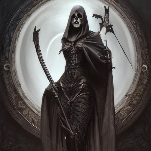 Image similar to the grim reaper, dark fantasy, intricate, huge elaborate scythe, elegant, highly detailed, digital painting, artstation, concept art, wallpaper, smooth, sharp focus, illustration, art by artgerm and greg rutkowski and alphonse mucha