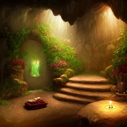 Image similar to cozy bathhouse hidden in a cave, candlelight, towels, cushions, natural light, lush plants and flowers, elegant, intricate, fantasy, atmospheric lighting, digital painting, concept art