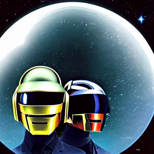 Image similar to Daft Punk standing above a spaceship in space, spaceship seen from far away, realistic, high quality