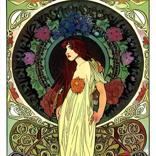 Image similar to persephone as godess of hell, death and flowers, painted by alphonse mucha