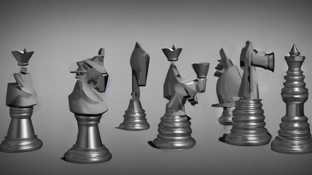 Prompt: 3d rendering, studio shot of full body portrait of metal chess pieces in a row, hyper realistic detailed, rim light