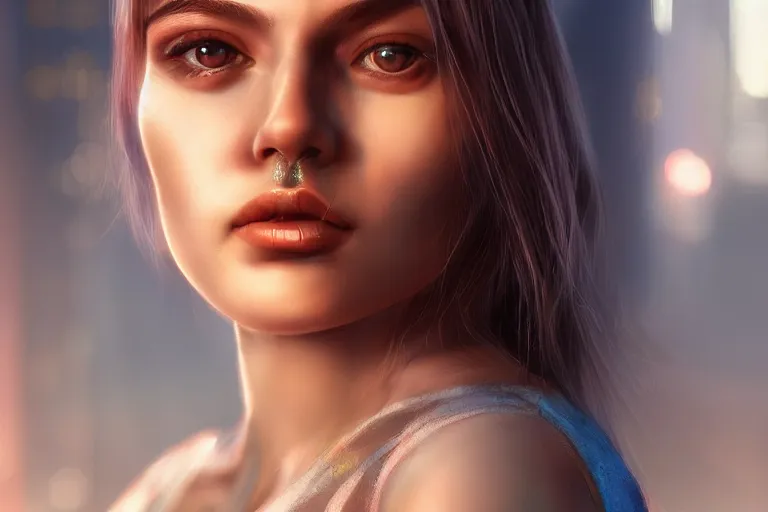 Image similar to hyperrealistic close up portrait of stunningly beautiful girl, lit by dawn light, cyberpunk city on background, trending on artstation