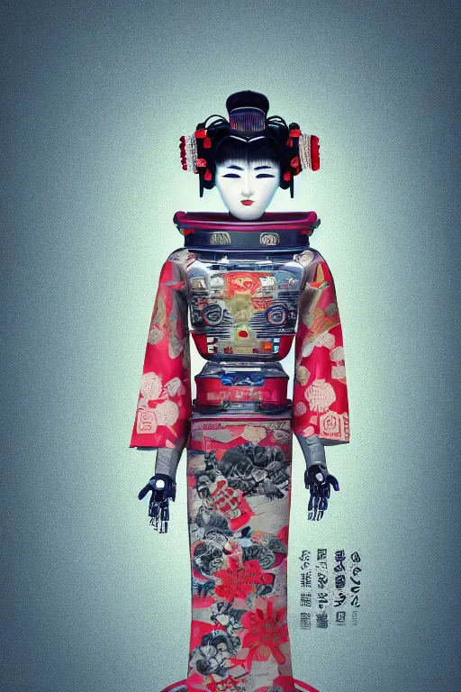 Image similar to full body portrait of a Japanese robot geisha with kanji tattoos and decals wearing a digital pixelated kimono, intricate design, photorealistic, octane render, raytraced, ultra fine detailed, character design, trending on artstation