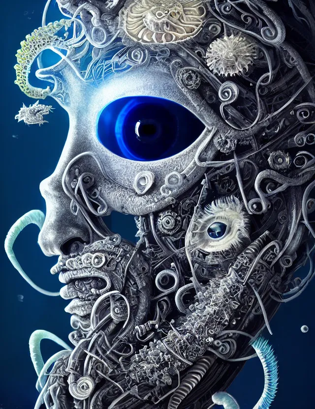 Image similar to eye of god macro close - up portrait with mask made of ram skull. betta fish, jellyfish phoenix, bioluminiscent, plasma, ice, water, wind, creature, super intricate ornaments artwork by tooth wu and wlop and beeple and greg rutkowski