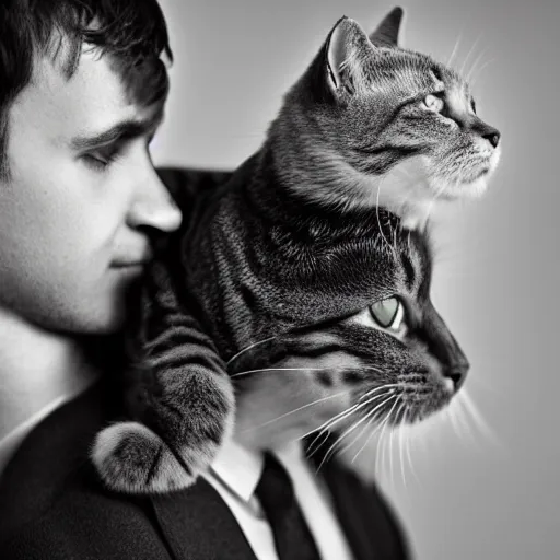 Prompt: a portrait of a cat sitting on a man's shoulder