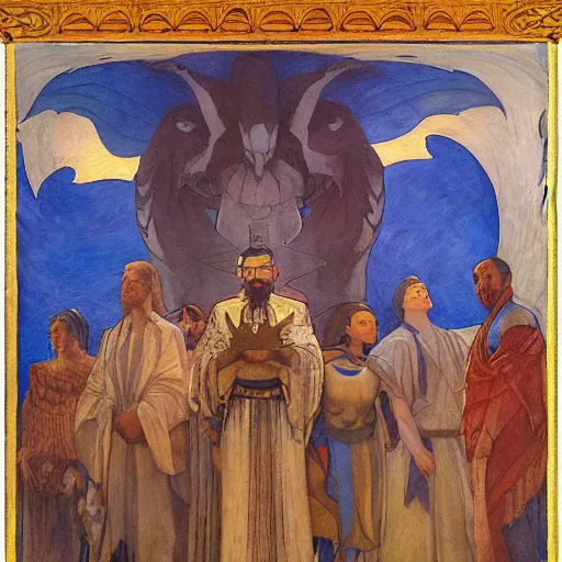 Prompt: war between the house of crows and the house of moths, by Annie Swynnerton and and Nicholas Roerich and Diego Rivera, symbolist, dramatic lighting, embroidered brocade robes, god rays, rich colors,smooth, sharp focus, extremely detailed