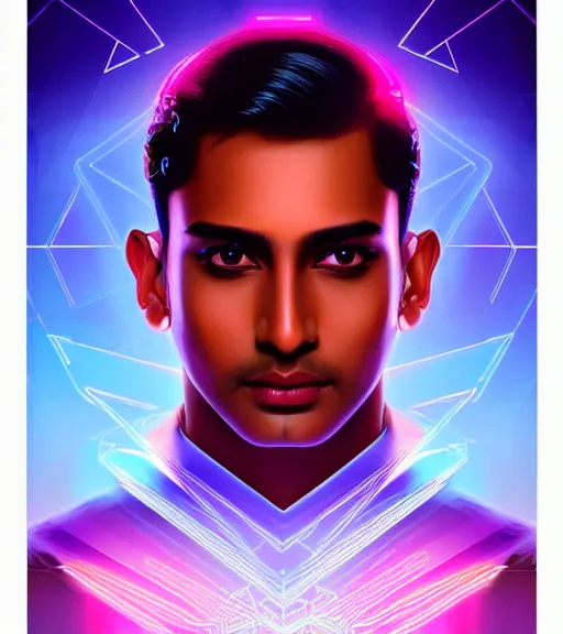 Image similar to symmetry!! indian prince of technology, solid cube of light, hard edges, product render retro - futuristic poster scifi, lasers and neon circuits, brown skin handsome indian prince, intricate, elegant, highly detailed, digital painting, artstation, concept art, smooth, sharp focus, illustration, dreamlike, art by artgerm