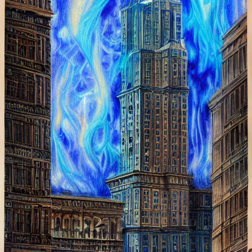 Image similar to tall building on fire with blue flames, extreme detail, abstract realism, highly ornate intricate details, 1 9 2 0's colored pencil, 4 k, cinematic lighting,