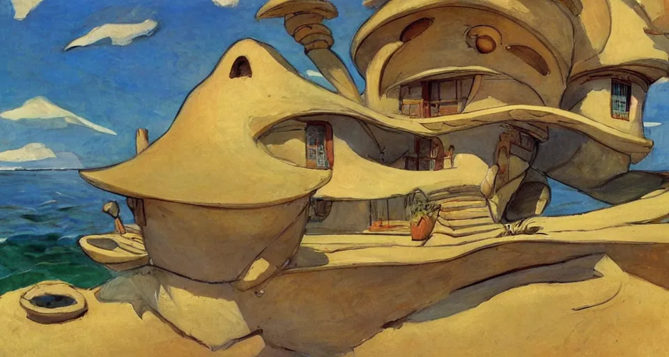 Image similar to seashell - shaped house, by moebius, joaquin sorolla, in the style of zelda windwaker