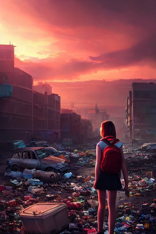 Prompt: teenage girl in mini short with backpack looking at food at garbage dump, destroyed cars, city is pure wasteland, moody sunset background, rays of sunlights, ( ( ( rainbow ) ) ), high details, sharp, photorealism, cinematic, greg rutkowski, artgerm, unreal engine, highly detailed