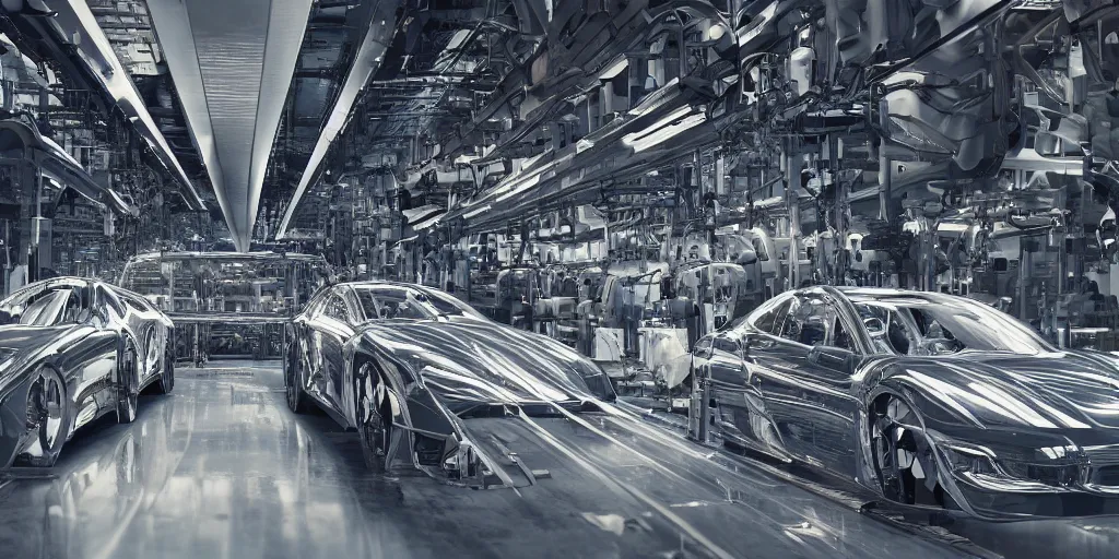 Image similar to carbon fiber automobile production line of hydrogen power energy, science fiction, beautiful, cinematic lighting, intricate details, octane rendering, trending on artstation, featured on behance.