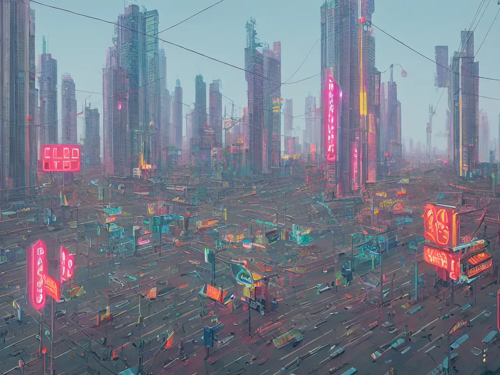 Image similar to tall futuristic buildings, billboards and neonsigns by Yusei Uesugi and Simon Stålenhag