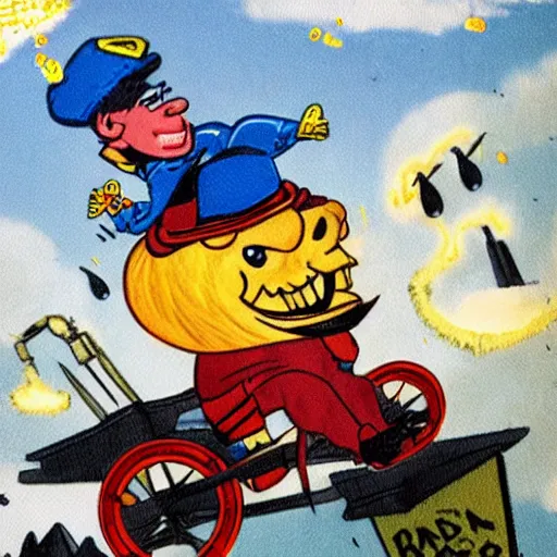 Prompt: captain crunch riding to his doom